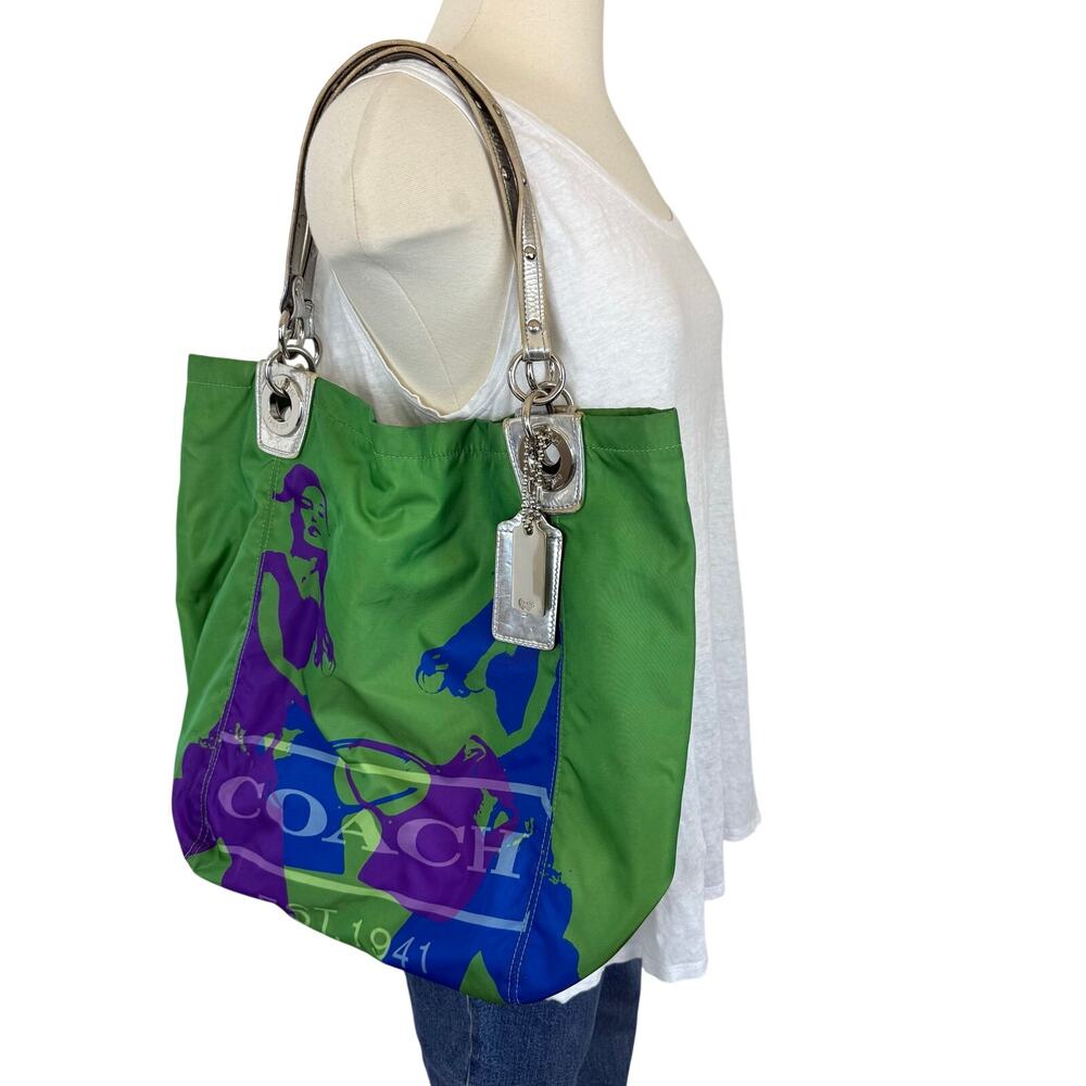 Coach Nylon Tote Bag Madison Reflected Girls Print 13057 Green/Silver | READ